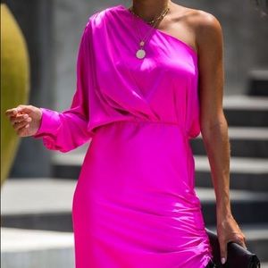 Bright pink One Shoulder Satin Scrunch Dress